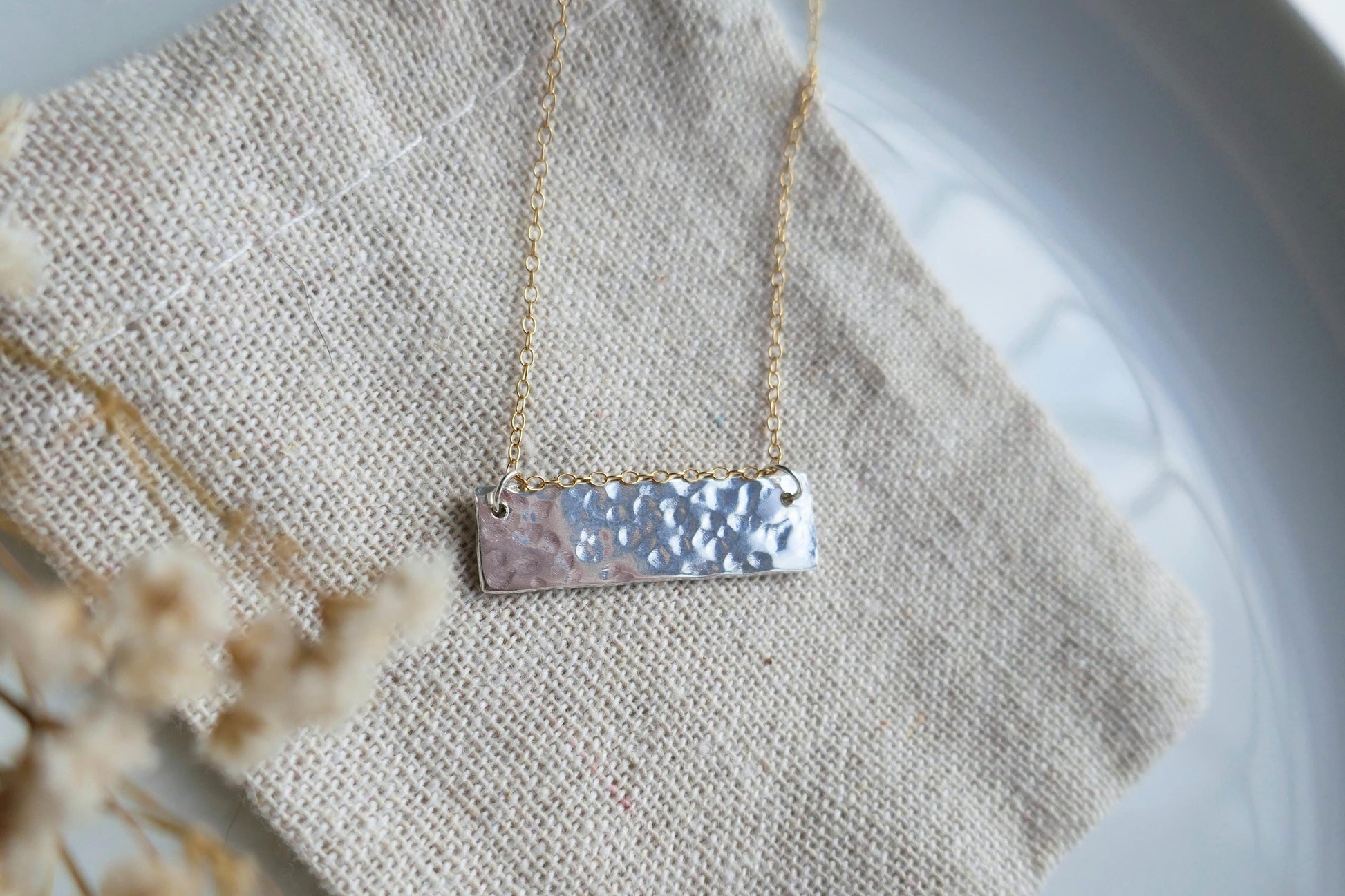 Mixed metal textured bar necklace in sterling silver and gold filled chain | Hammered 925 sterling silver bar necklace