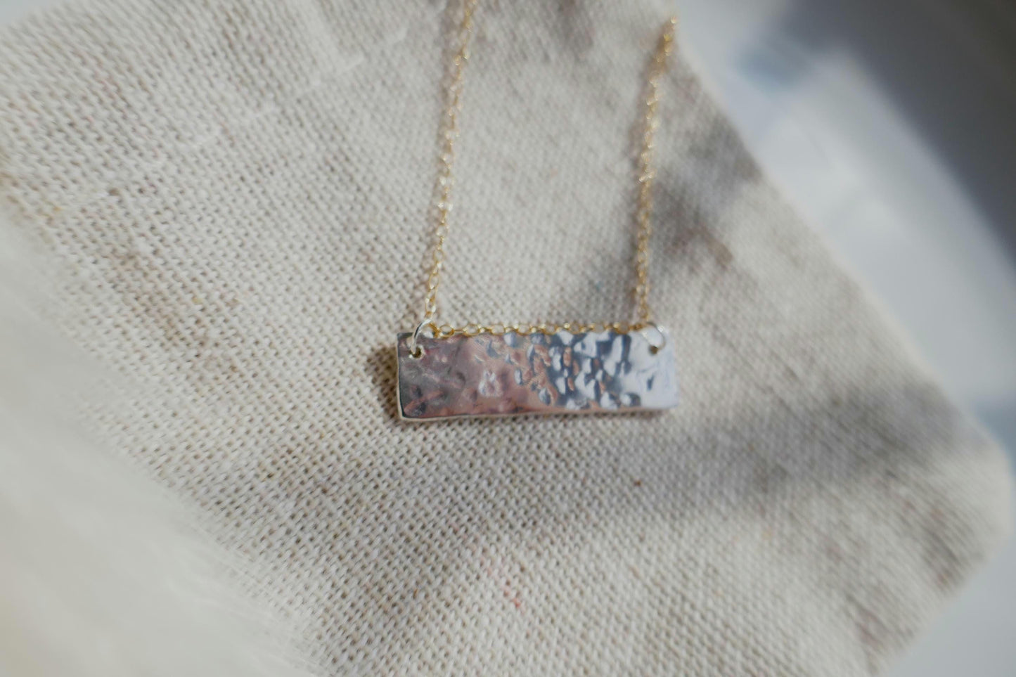 Mixed metal textured bar necklace in sterling silver and gold filled chain | Hammered 925 sterling silver bar necklace