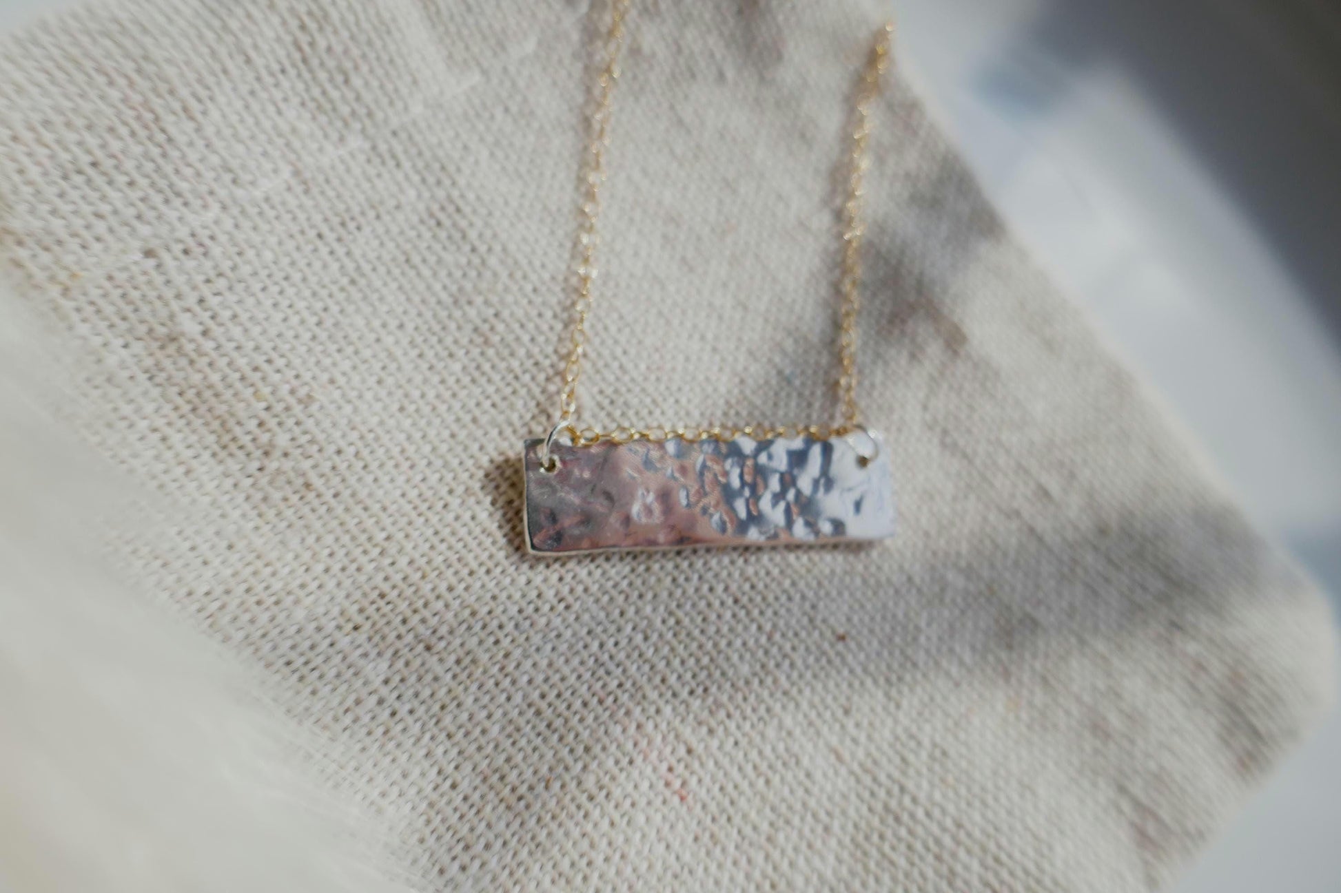 Mixed metal textured bar necklace in sterling silver and gold filled chain | Hammered 925 sterling silver bar necklace