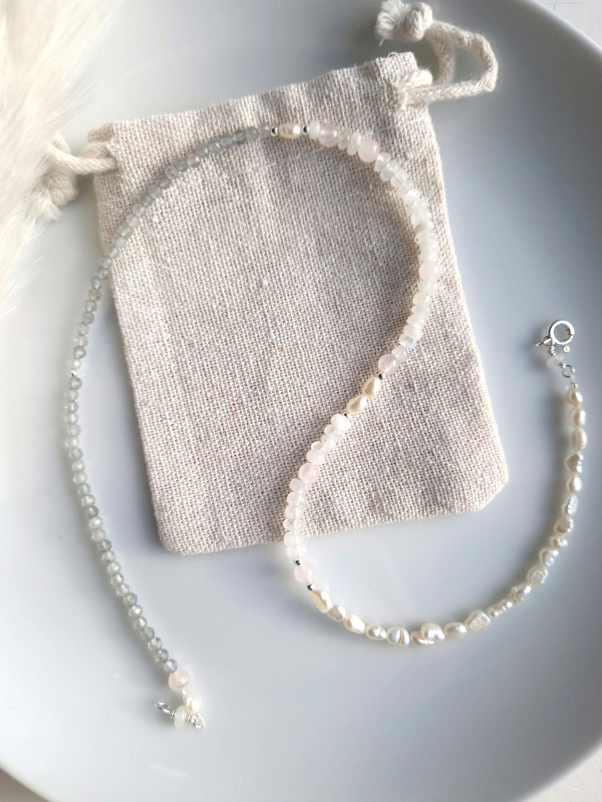 Handmade mixed gemstone and freshwater pearl beaded necklace