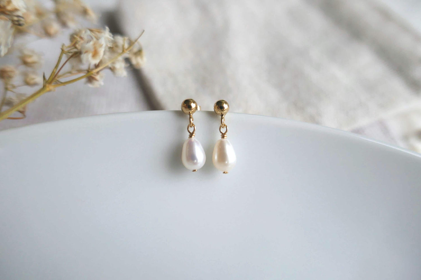 Dainty white freshwater pearl and gold filled stud drop earrings | Minimalist tiny pearl earrings | Small bridal pearl earrings