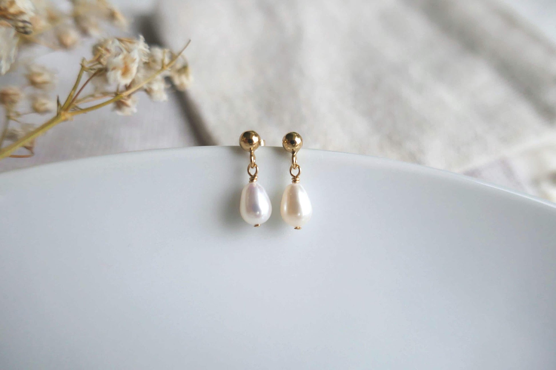 Dainty white freshwater pearl and gold filled stud drop earrings | Minimalist tiny pearl earrings | Small bridal pearl earrings