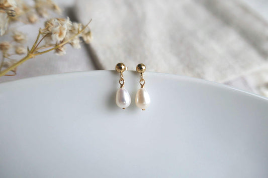 Dainty white freshwater pearl and gold filled stud drop earrings | Minimalist tiny pearl earrings | Small bridal pearl earrings