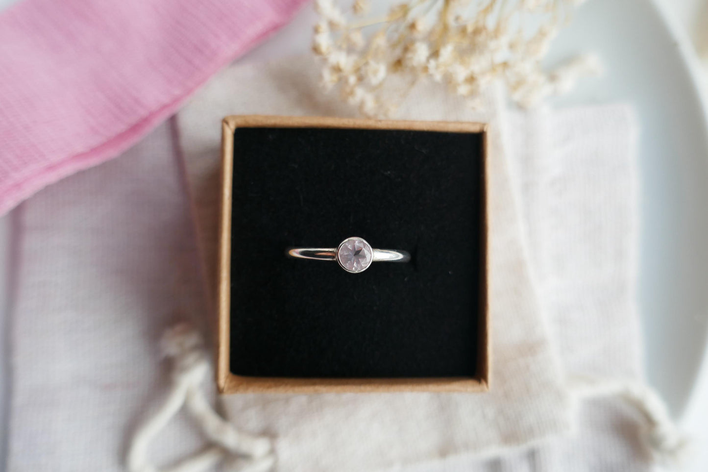 faceted rose quartz and silver ring