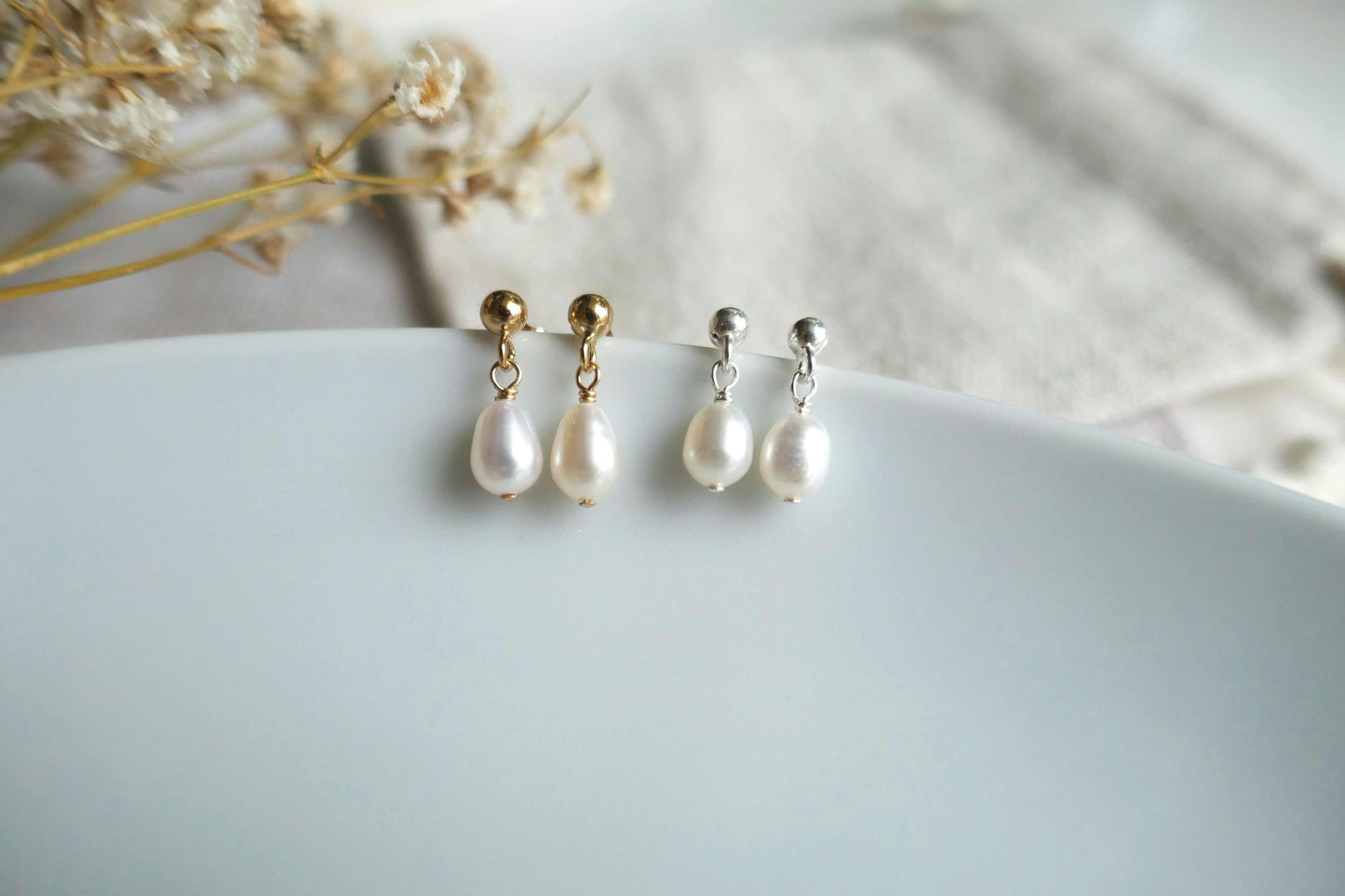 Dainty white freshwater pearl and gold filled stud drop earrings | Minimalist tiny pearl earrings | Small bridal pearl earrings