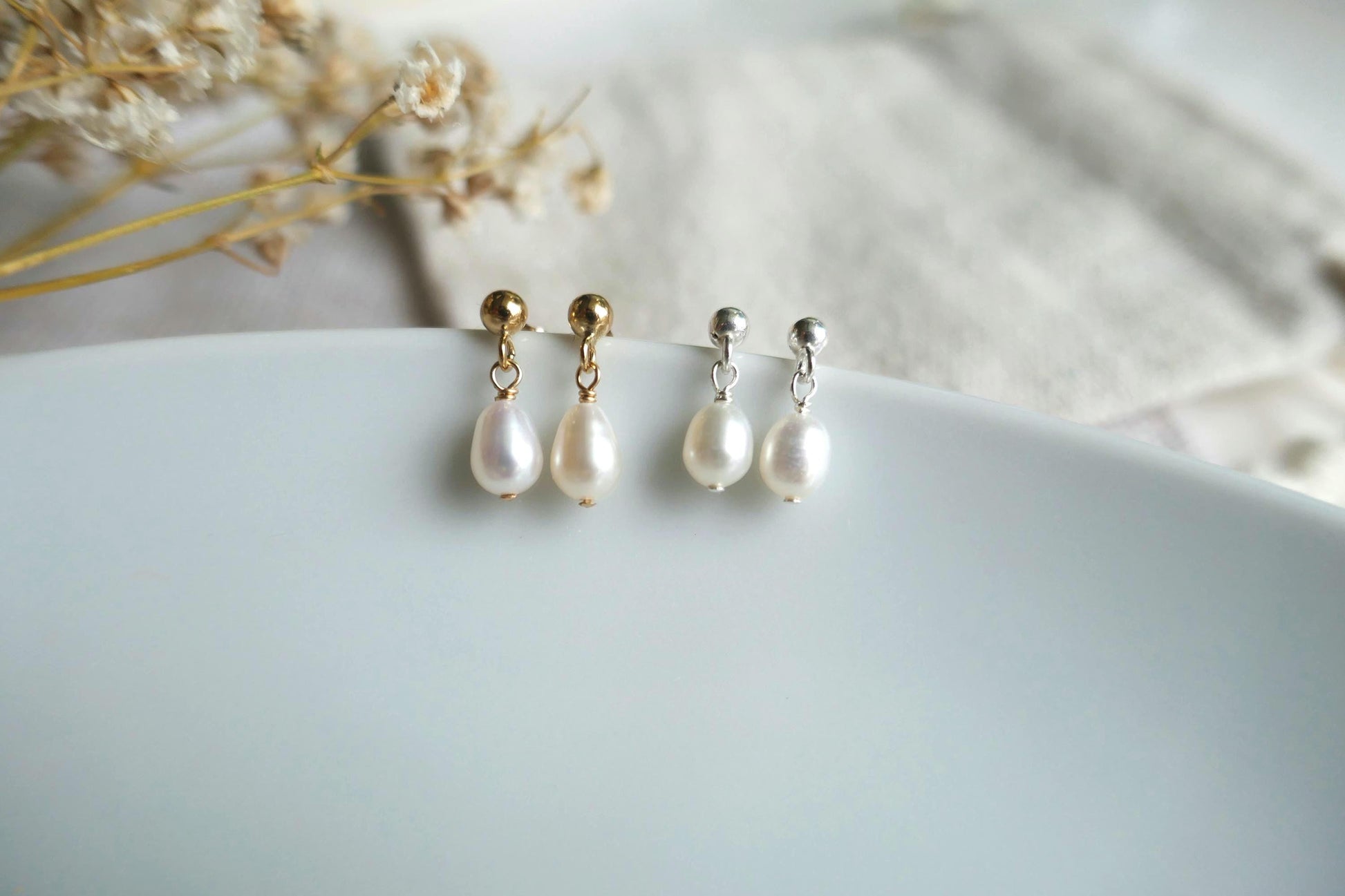 Dainty white freshwater pearl and gold filled stud drop earrings | Minimalist tiny pearl earrings | Small bridal pearl earrings