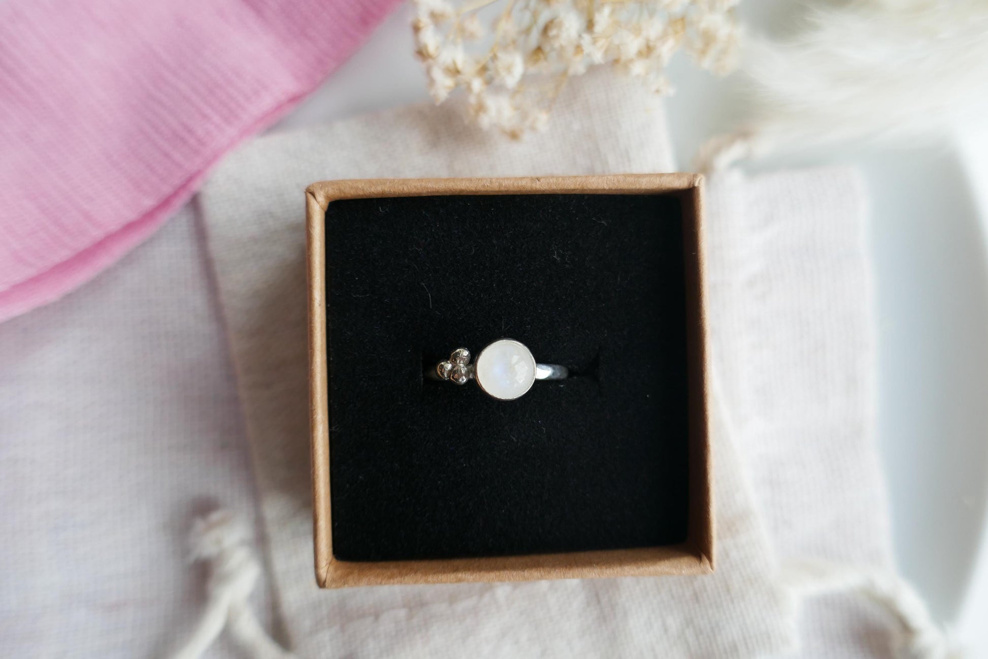 Handmade rainbow moonstone and sterling silver ring | One of a kind gemstone ring with recycled silver size J.5 | Unique ring gift for her