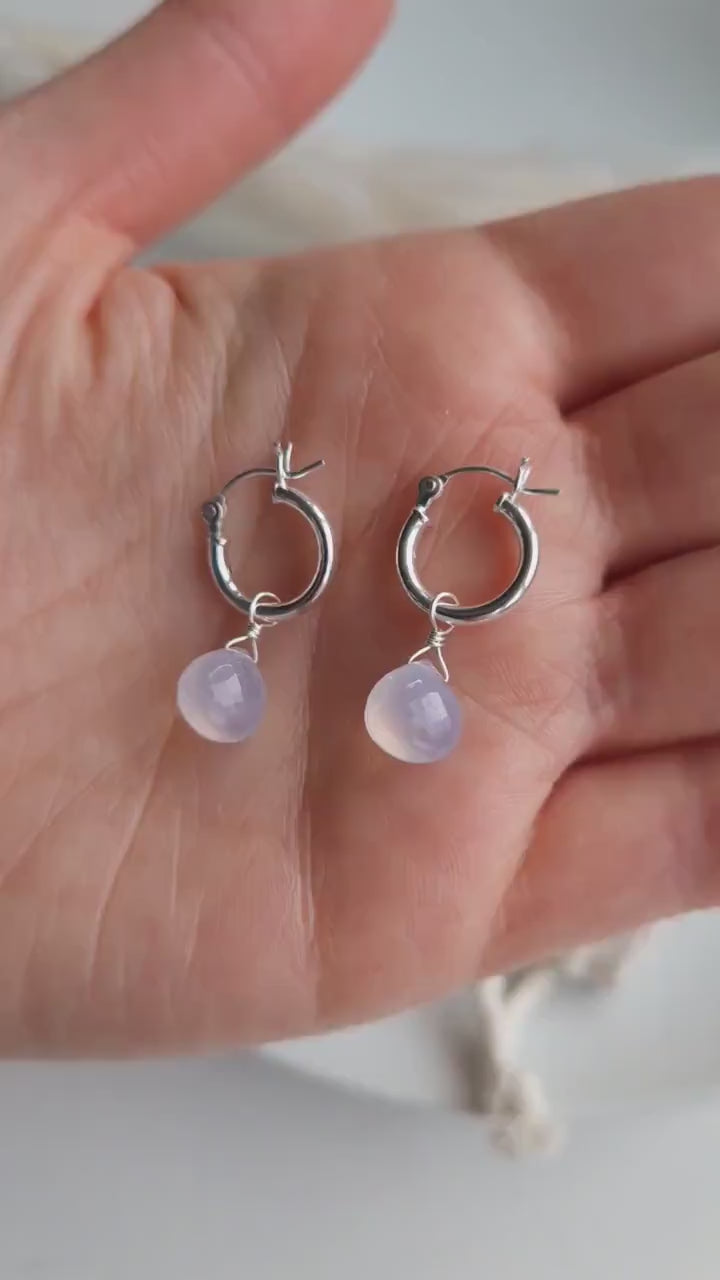 Blue chalcedony gemstone and sterling silver hoop earrings | Small hoop earrings with detachable gemstone | 925 sterling silver hoops