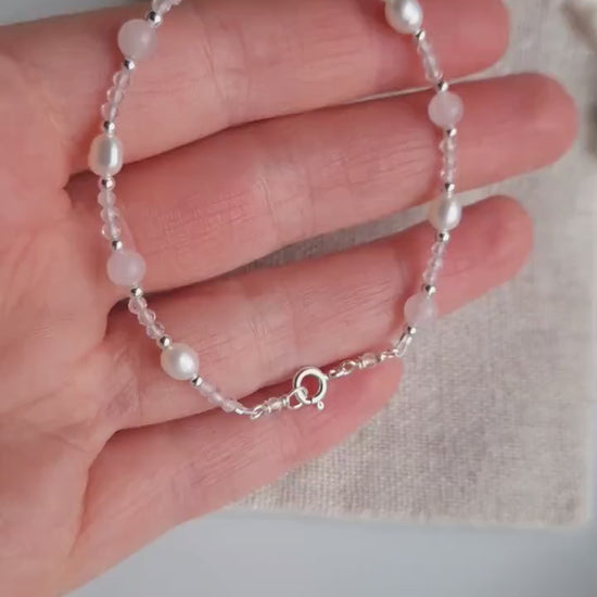 Dainty beaded rose quartz freshwater pearl and sterling silver bracelet | Tiny gemstone pearl bracelet | Self love bracelet with small beads