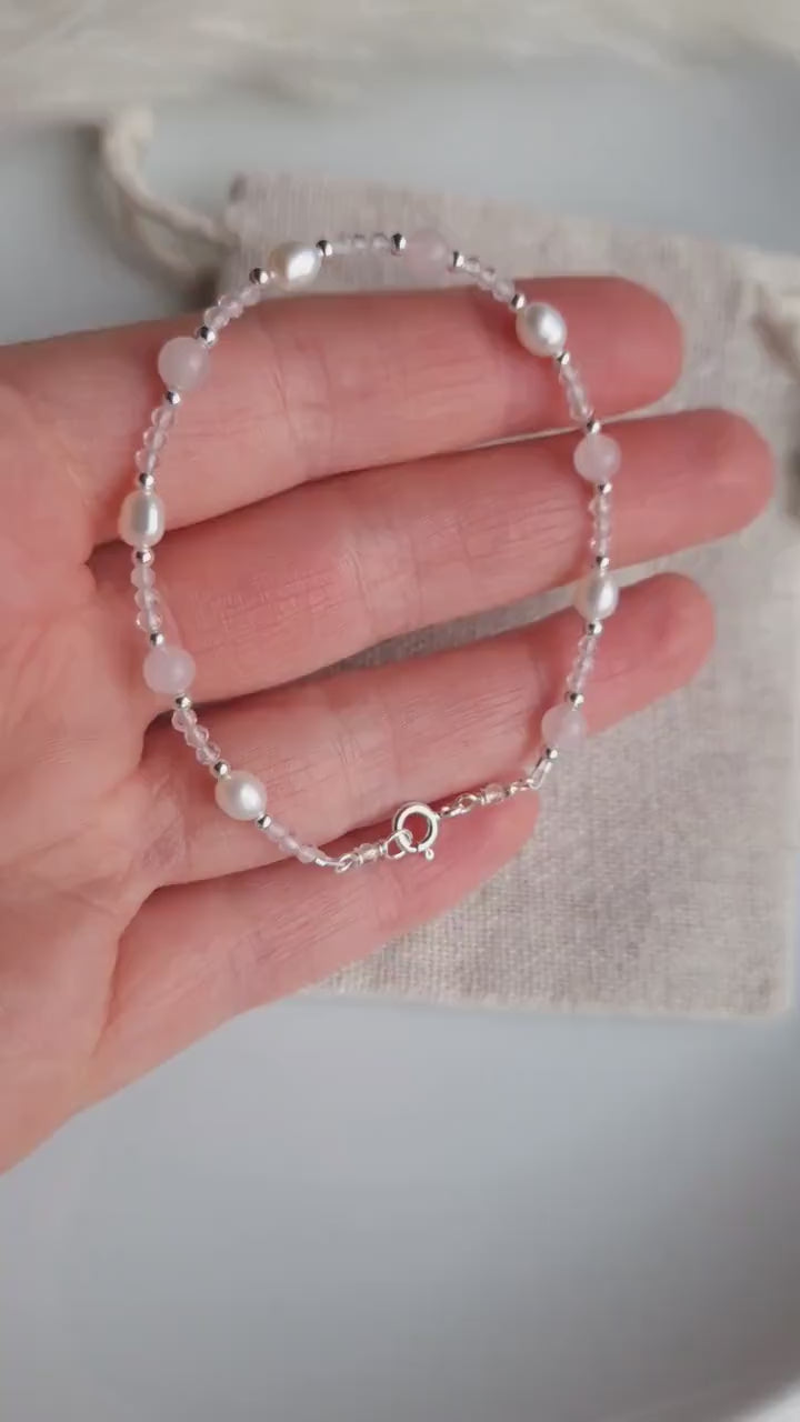 Dainty beaded rose quartz freshwater pearl and sterling silver bracelet | Tiny gemstone pearl bracelet | Self love bracelet with small beads