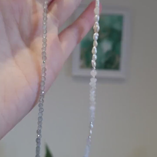 Beaded gemstone and sterling silver choker necklace small beads | Mixed gemstone and freshwater pearl necklace | June birthstone