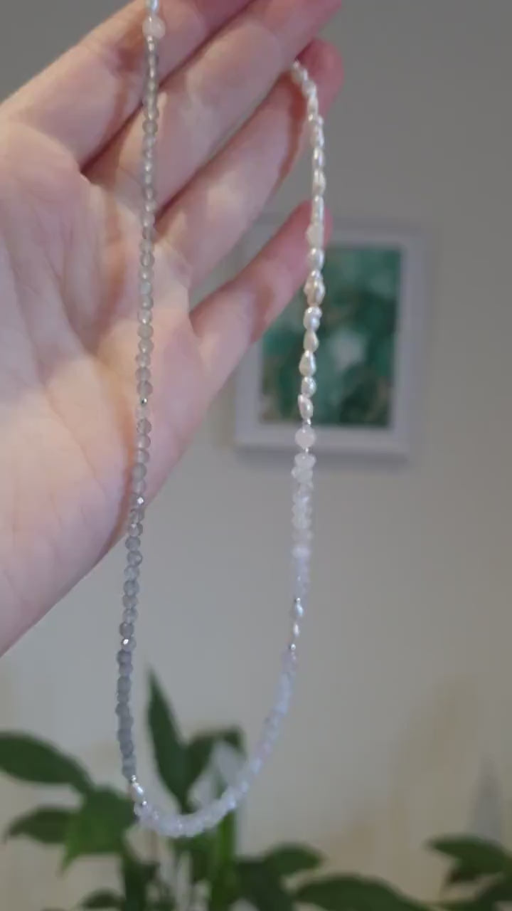 Beaded gemstone and sterling silver choker necklace small beads | Mixed gemstone and freshwater pearl necklace | June birthstone