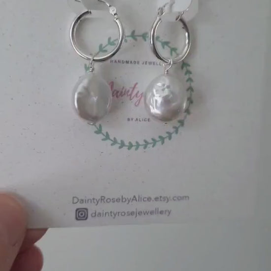 Freshwater coin pearl and small sterling silver hoop earrings | Bridal bridesmaid pearl hoop earrings with detachable pearls | Coin pearls