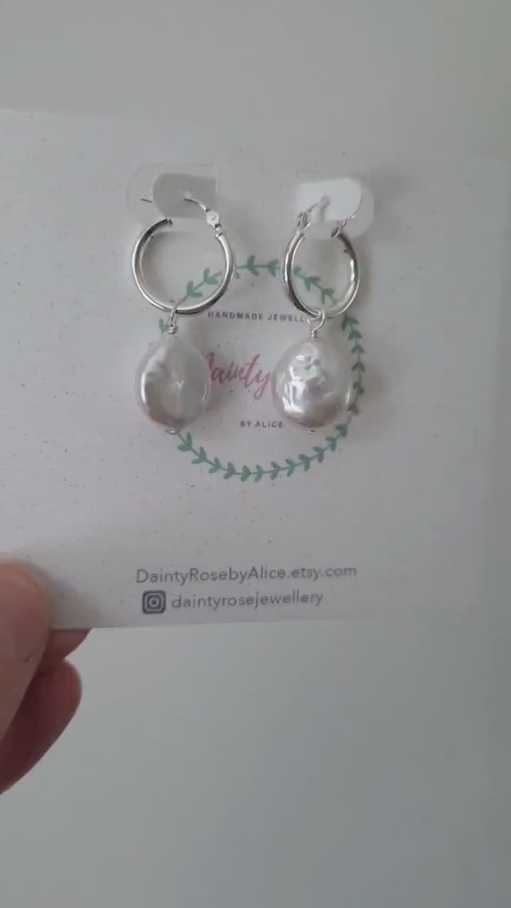 Freshwater coin pearl and small sterling silver hoop earrings | Bridal bridesmaid pearl hoop earrings with detachable pearls | Coin pearls