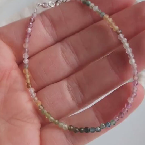 Watermelon tourmaline beaded gemstone bracelet | Tourmaline tiny bead bracelet with sterling silver | Dainty rainbow gemstone bracelet