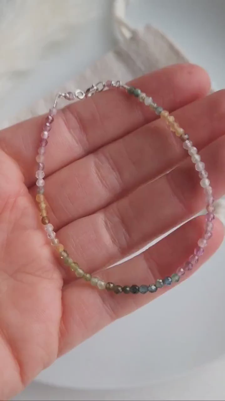 Watermelon tourmaline beaded gemstone bracelet | Tourmaline tiny bead bracelet with sterling silver | Dainty rainbow gemstone bracelet