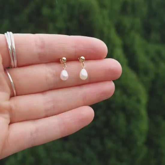 Dainty white freshwater pearl and gold filled stud drop earrings | Minimalist tiny pearl earrings | Small bridal pearl earrings