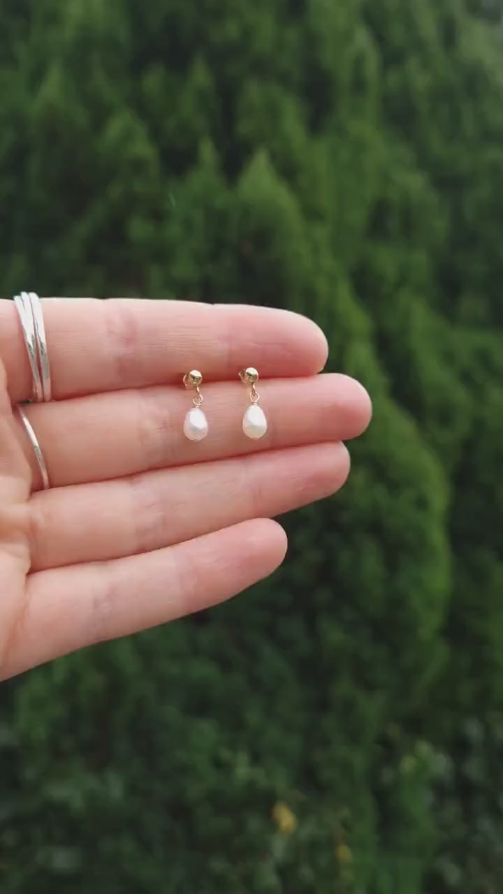 Dainty white freshwater pearl and gold filled stud drop earrings | Minimalist tiny pearl earrings | Small bridal pearl earrings