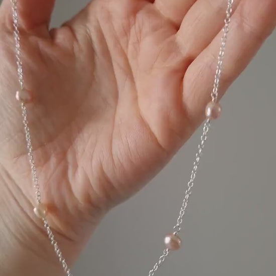 Freshwater pearl station necklace with recycled sterling silver chain | Dainty handmade pink pearl necklace | Wedding guest necklace