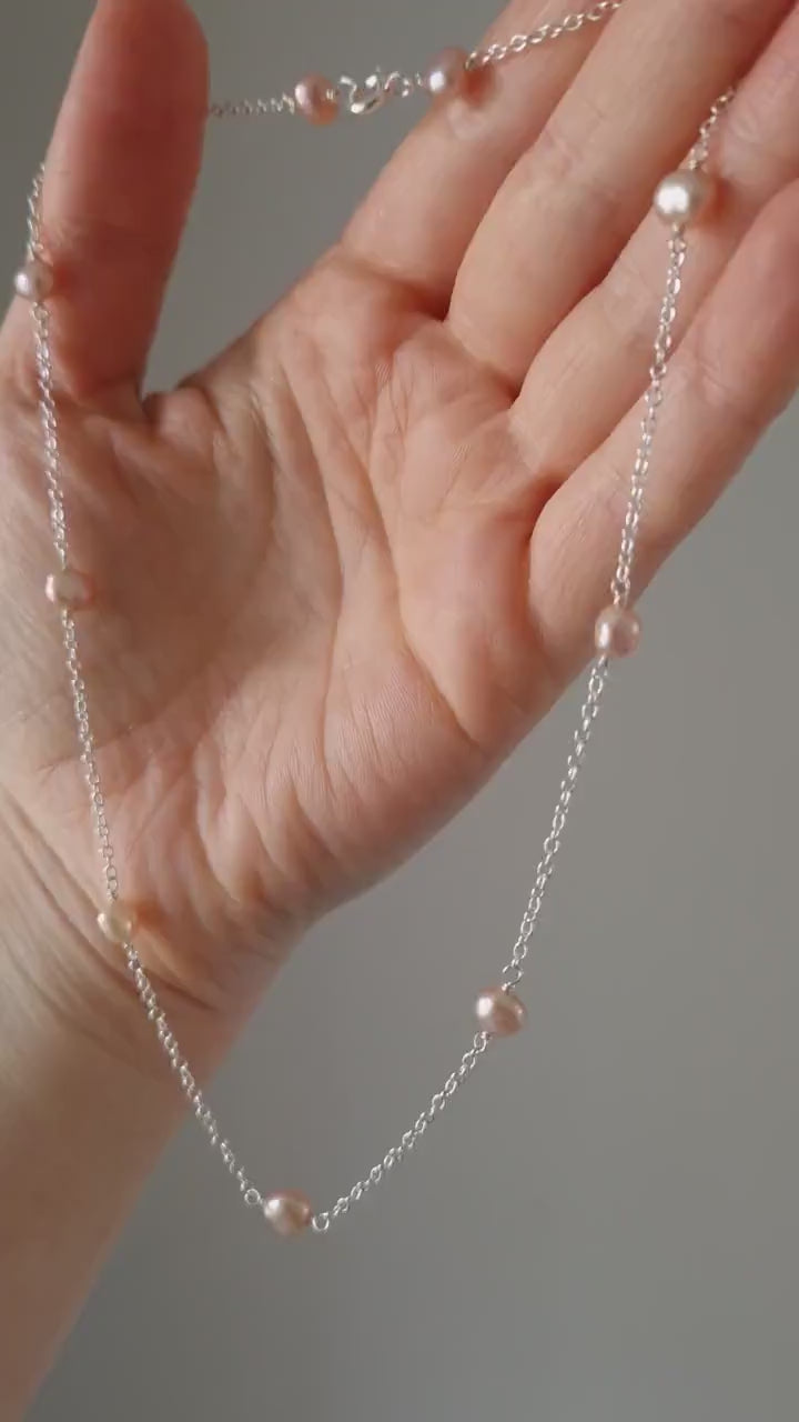 Freshwater pearl station necklace with recycled sterling silver chain | Dainty handmade pink pearl necklace | Wedding guest necklace