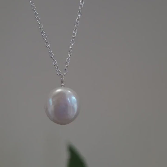 Freshwater pearl pendant necklace with recycled sterling silver chain | Minimalist bridal baroque coin pearl necklace