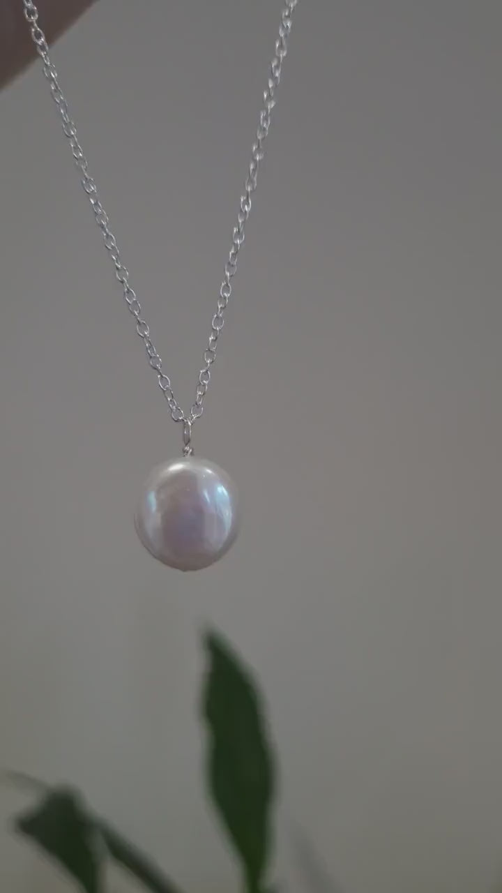 Freshwater pearl pendant necklace with recycled sterling silver chain | Minimalist bridal baroque coin pearl necklace