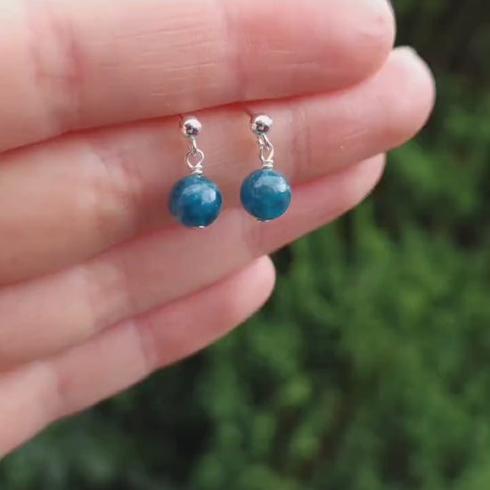 Dainty blue apatite gemstone and sterling silver stud drop earrings | Cute gemstone 925 silver earrings | Birthday gift for her