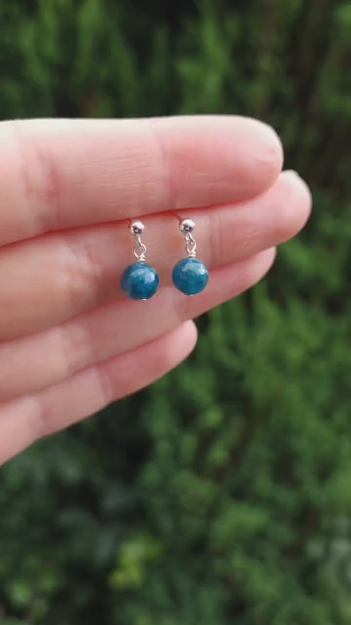 Dainty blue apatite gemstone and sterling silver stud drop earrings | Cute gemstone 925 silver earrings | Birthday gift for her