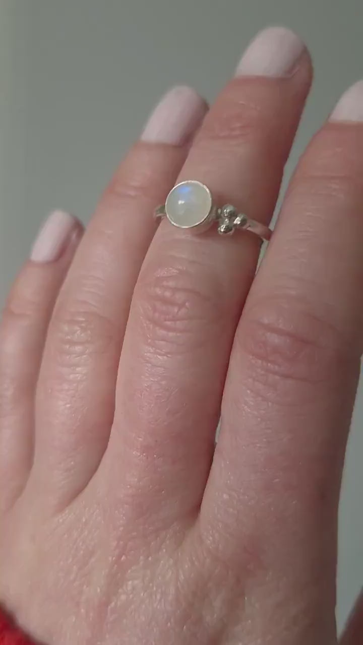 Handmade rainbow moonstone and sterling silver ring | One of a kind gemstone ring with recycled silver size J.5 | Unique ring gift for her