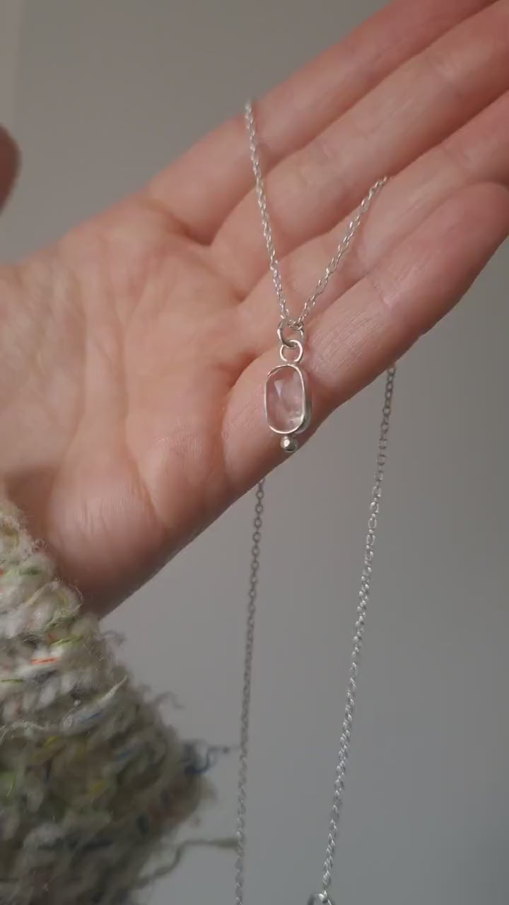 Morganite and recycled sterling silver pendant necklace | One of a kind handmade small gemstone necklace | Dainty silver sparkly necklace