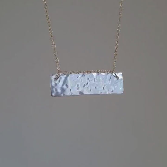Mixed metal textured bar necklace in sterling silver and gold filled chain | Hammered 925 sterling silver bar necklace