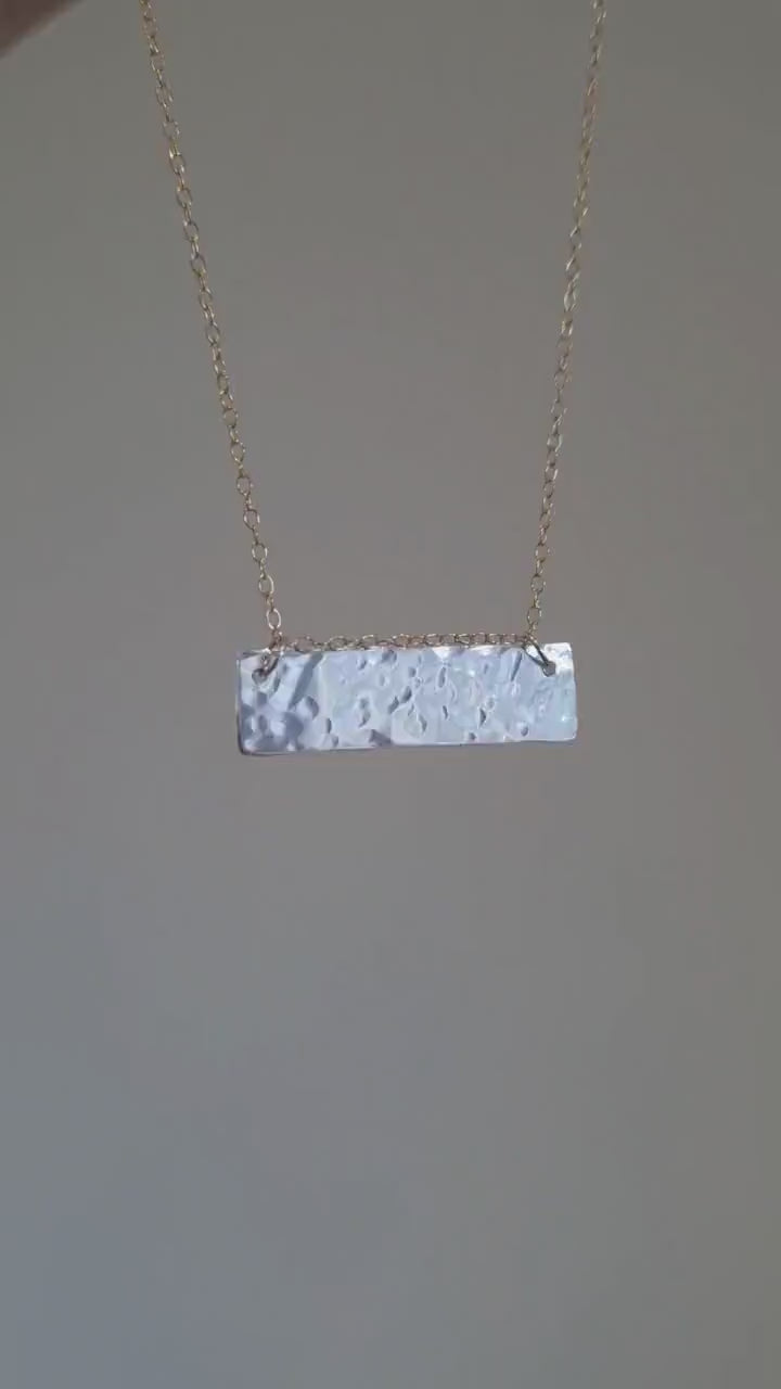 Mixed metal textured bar necklace in sterling silver and gold filled chain | Hammered 925 sterling silver bar necklace