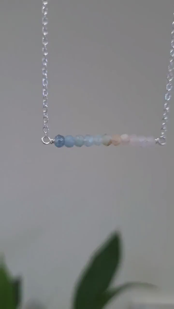 Dainty pastel morganite gemstone and recycled sterling silver necklace | Multicoloured crystal bar necklace with 925 silver chain