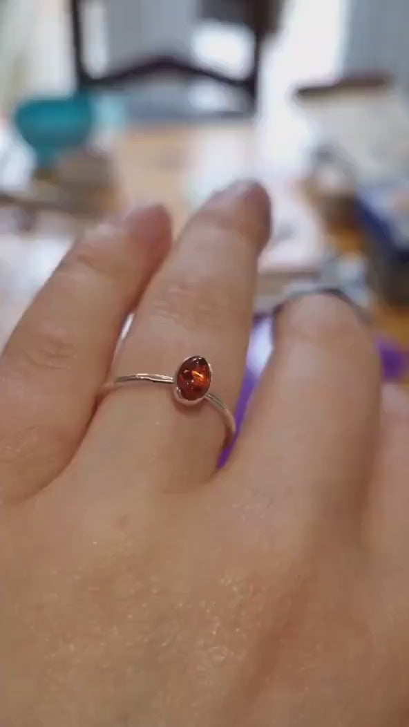 Small amber and sterling silver ring | Dainty amber and silver stacking ring | Crystal ring for Autumn | Christmas ring for her