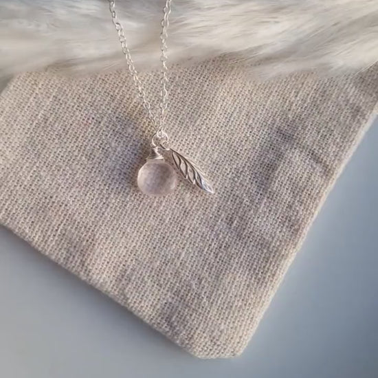 Rose quartz and sterling silver leaf necklace for love | Floating gemstone necklace with 925 sterling silver | Recycled sterling silver