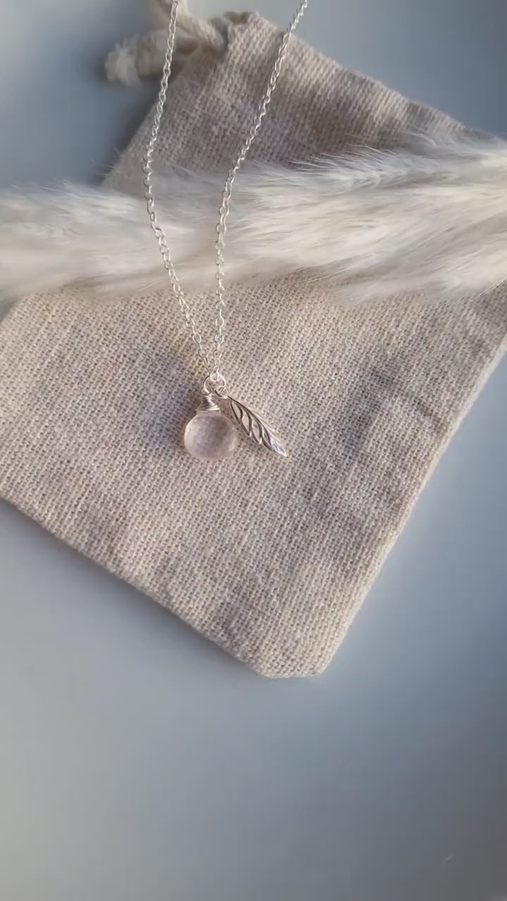 Rose quartz and sterling silver leaf necklace for love | Floating gemstone necklace with 925 sterling silver | Recycled sterling silver