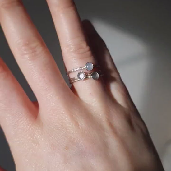 Moonstone, labradorite and chalcedony sterling silver stacking rings | Handmade blue gemstones and recycled sterling silver layering rings