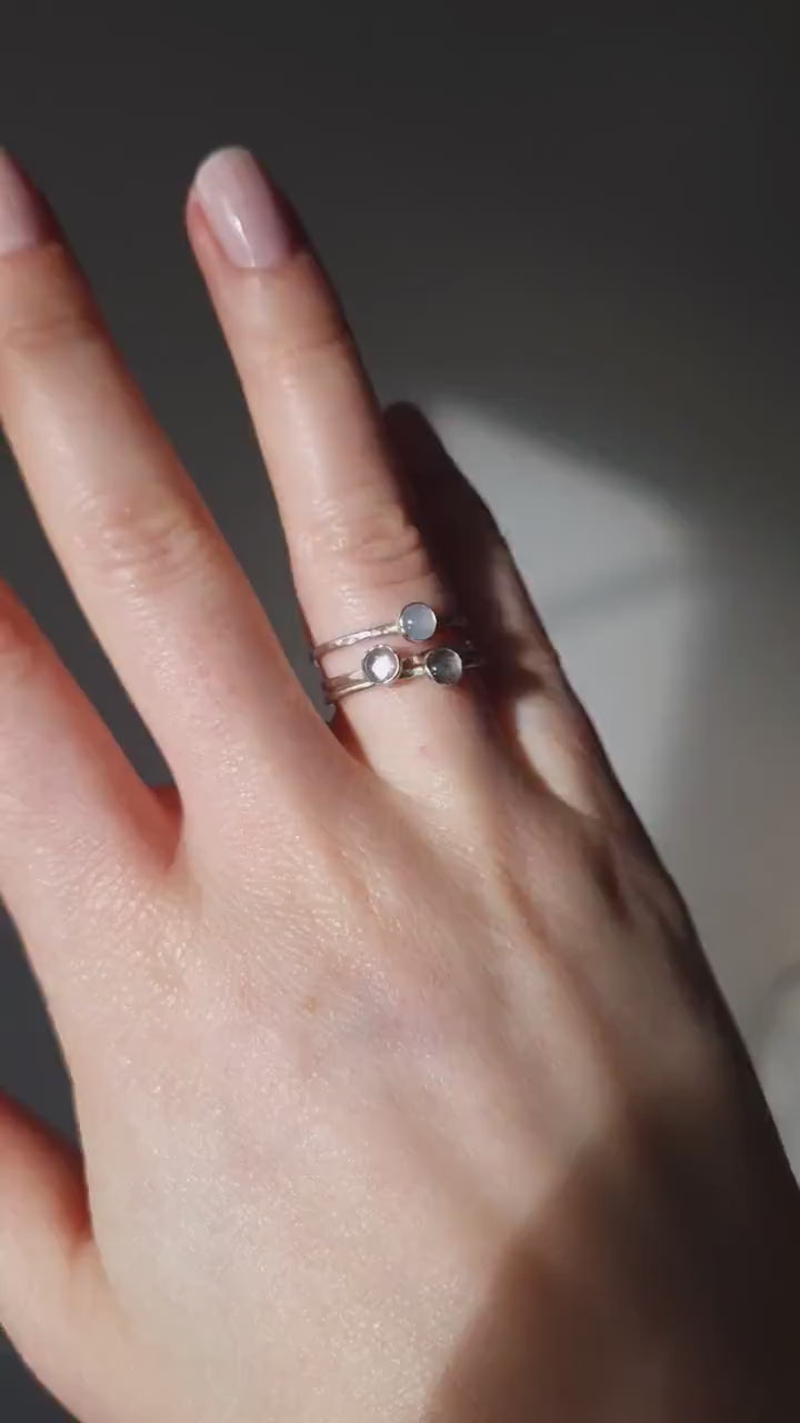 Moonstone, labradorite and chalcedony sterling silver stacking rings | Handmade blue gemstones and recycled sterling silver layering rings