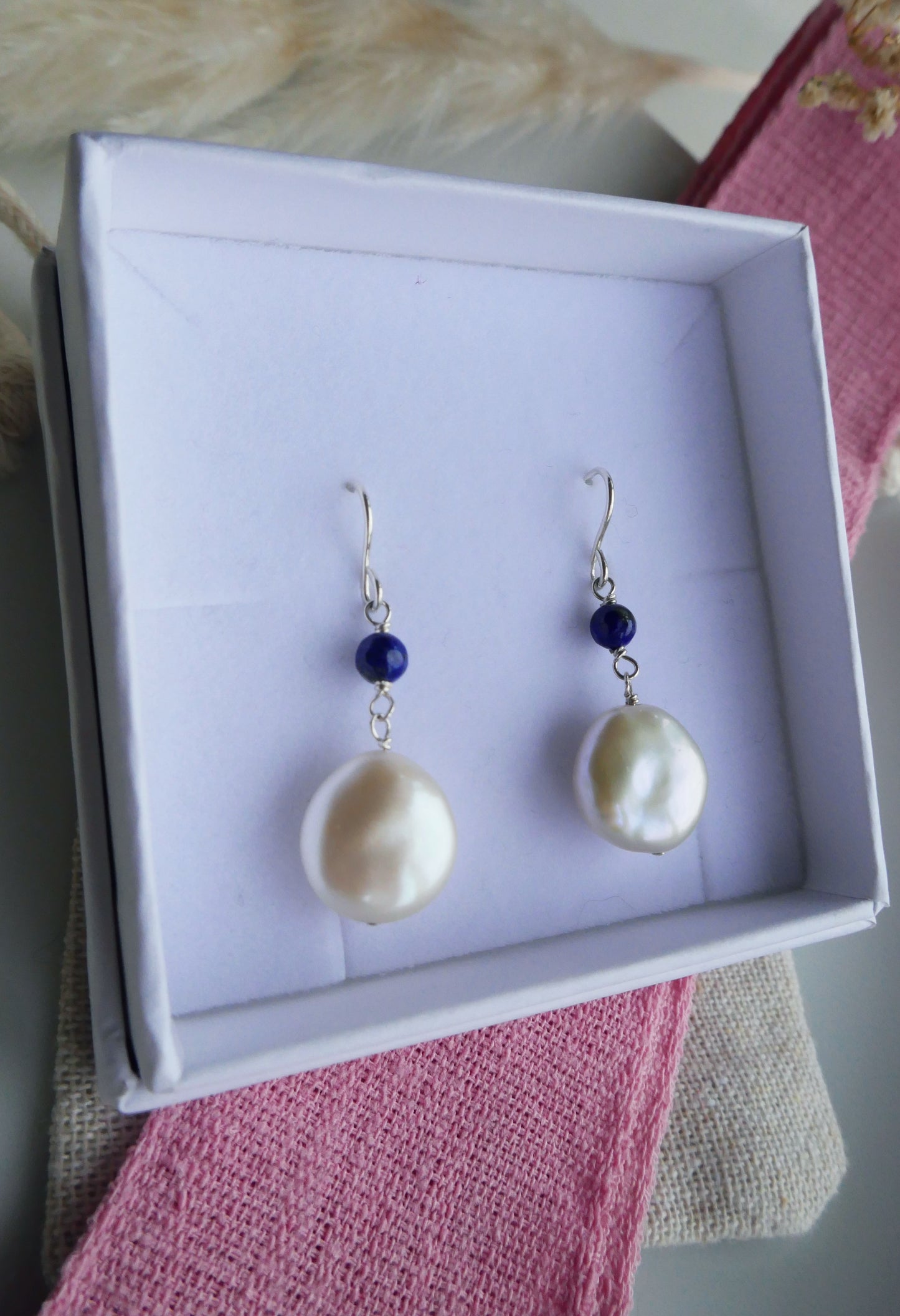 Coin pearl and lapis lazuli drop earrings