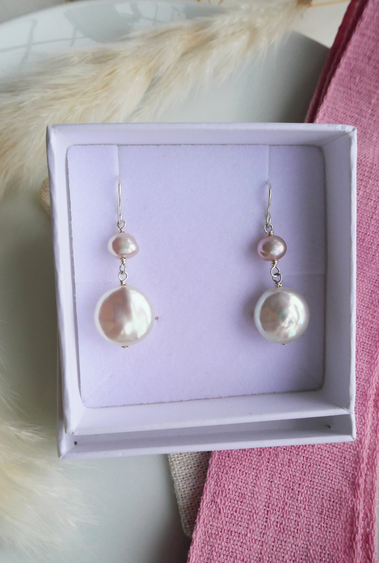 Coin and pink pearl drop earrings