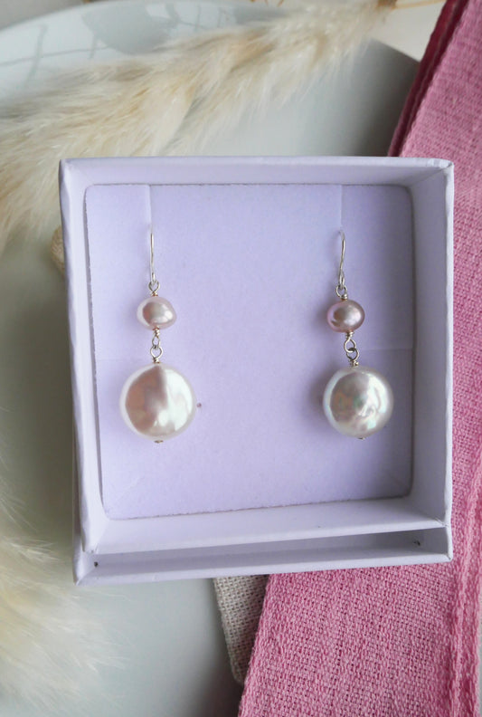 Coin and pink pearl drop earrings