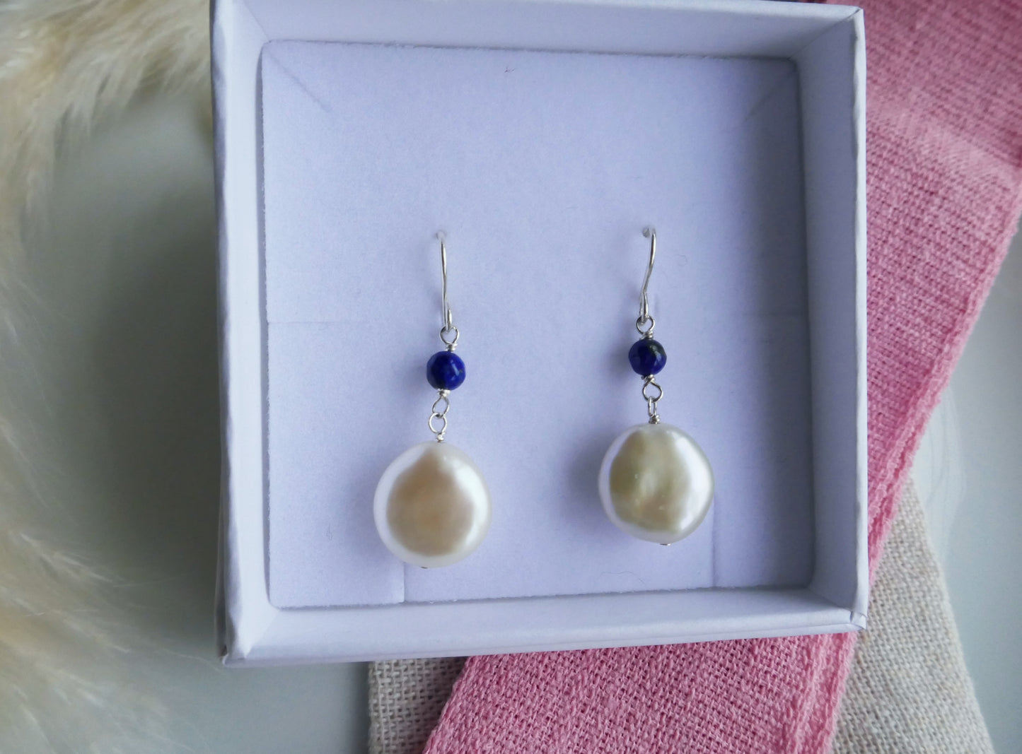 Coin pearl and lapis lazuli drop earrings